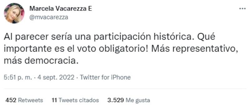 Marcela Vacarezza celebró el triunfo del Rechazo.