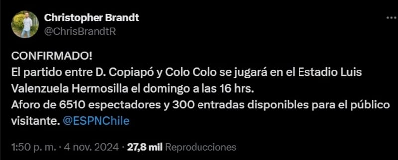 Finalmente, y según reveló este lunes el reportero del canal deportivo en sus redes sociales, el cuadro nortino recibirá en su estadio Luis Valenzuela Hermosilla al club popular en la última fecha del torneo nacional.