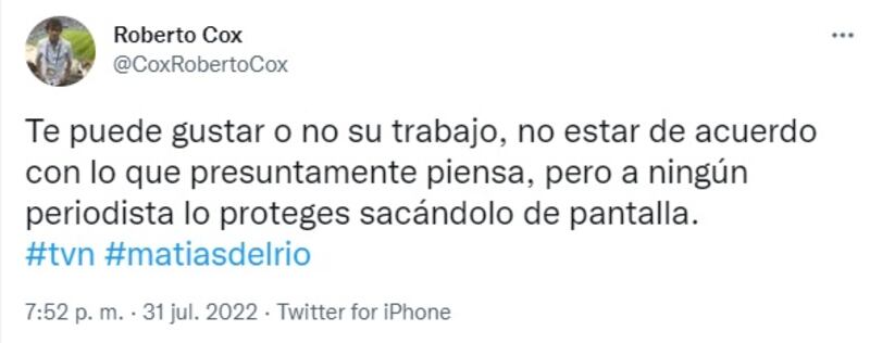 El periodista de CHV, Roberto Cox, criticó la decisión de TVN de sacar de la conducción de "Estado Nacional" a Matías del Río.