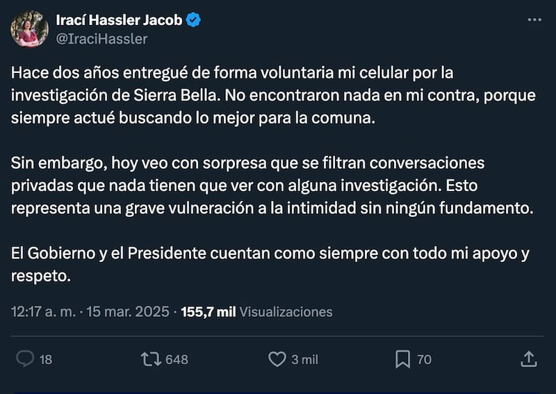 Comentario de Irací Hassler | Fuente: X de @IraciHassler