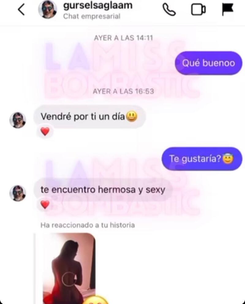 En los últimos días la exchica reality Angélica Sepúlveda ilusionó a sus seguidores con la noticia que la verán vestida de blanco para dar el sí a su pareja y casarse. Así lo contó en su cuenta de Instagram, donde incluso indicó la fecha de cuando aceptará la propuesta de matrimonio.
“Gursel prepárate para noviembre, porque en las Torres del Paine te diré nuevamente que sí y de blanco”, sentenció.
Sin embargo, tras dar a conocer sus románticos planes de boda, salieron a la luz una serie de mensajes que su galán turco habría enviado a otra mujer y en un tono más que amigo. 
Así lo publicó la periodista Cecilia Gutiérrez, quien publicó en sus historias de Instagram un video con las capturas de pantalla. 
“En estos días Angélica Sepúlveda anunció que daría un importante paso con su pareja. Sin embargo, su novio le manda mensajes sugerentes a una modelo y presentadora de TV paraguaya”, escribió la panelista de Zona de Estrellas.
Tras esto, mostró el intercambio de mensajes entre Gursel y la modelo. 
Hola mi nombre es Gursel. Eres muy hermosa. ¿Dónde vive?. ¿Puedo ir a verte un día? Vendré por ti un día. Te encuentro hermosa y sexy”, se lee en los distintos mensajes que le escribió por interno a la mujer, quien le dijo que se llamaba Vivi y dijo estar “encantada” con el saludo.