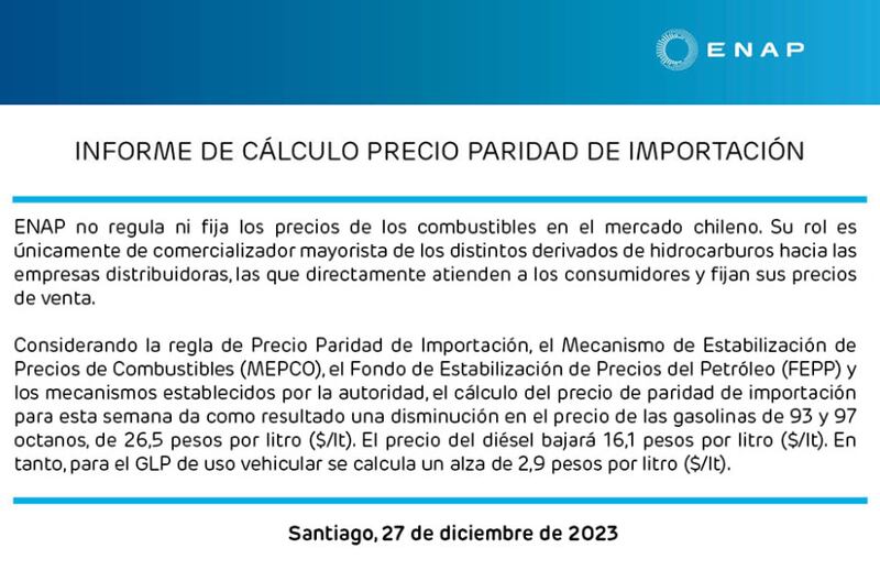 ENAP anunció una nueva baja en el precio de las bencinas. Vía ENAP