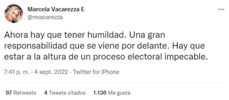 Marcela Vacarezza pidió estar "a la altura de un proceso electoral impecable".