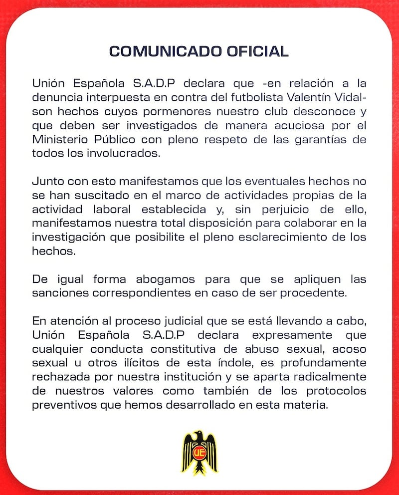 El cuadro hispano aseguró que estará a "total disposición" de las investigaciones por la denuncia en contra de uno de sus futbolistas.