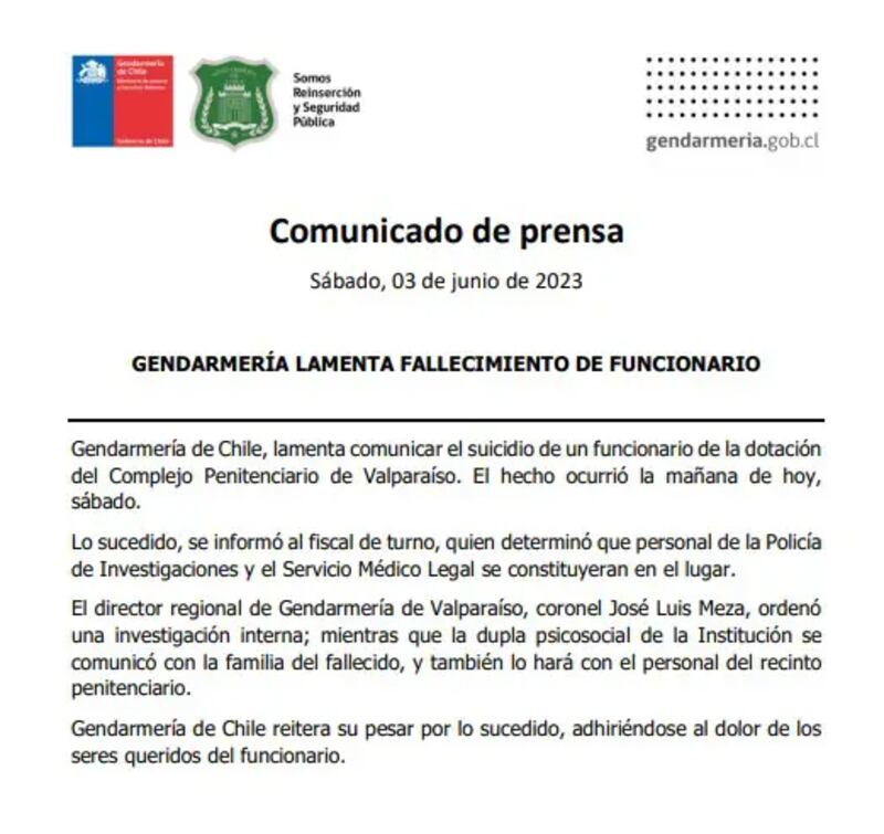 Comunicado de Gendarmería