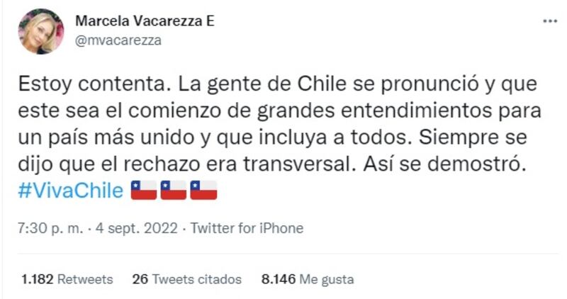 Marcela Vacarezza se declaró "contenta" por el triunfo del Rechazo en el plebiscito de salida de la nueva Constitución.