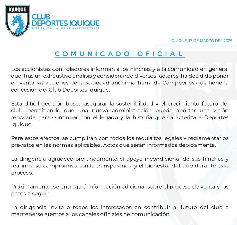 Un día después de la suspensión de su partido frente a Unión Española, los hinchas de Deportes Iquique conocieron de la venta de su club.