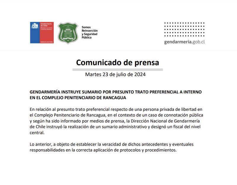 Comunicado Gendarmería