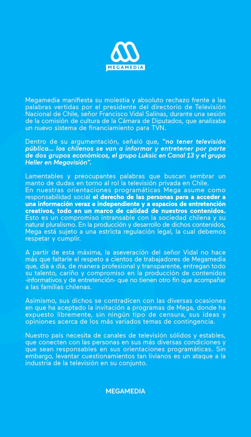 Mega respondió a través de un comunicado a las críticas de Vidal a los canales privados.