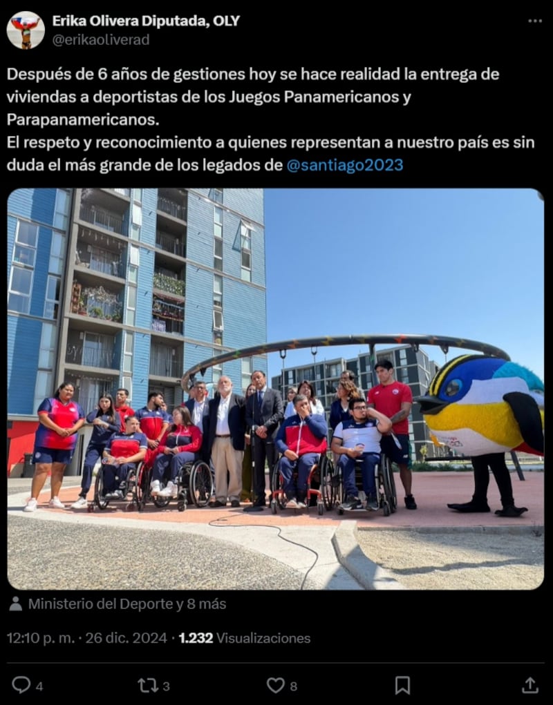 "En 2018 presentamos el primer proyecto de resolución para entregar algunas de las viviendas a los medallistas de Santiago 2023 y, finalmente, fue Perú en Lima 2019 quien hizo realidad esta iniciativa", dijo la parlamentaria.