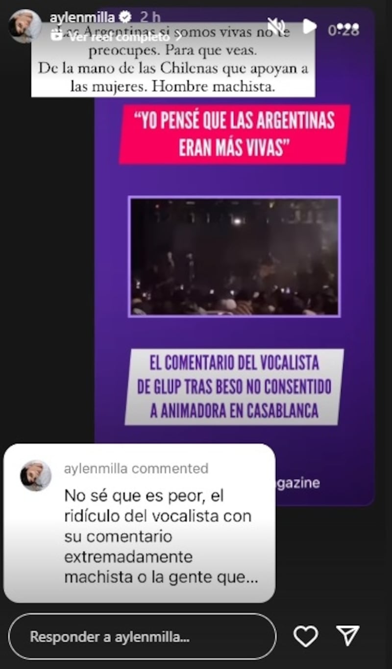 La modelo argentina le respondió al vocalista de Glup! luego de ningunear a las mujeres transandinas por el beso no consentido que le dio a Melina Noto en el Festival de la Vendimia de Casablanca.