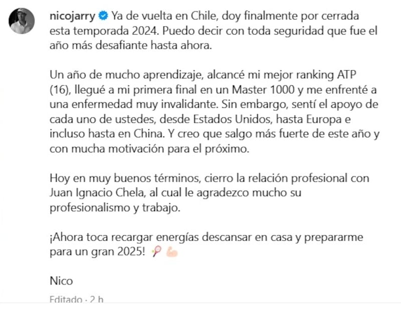 El tenista nacional confirmó el fin de su relación con el técnico Juan Ignacio Chela.