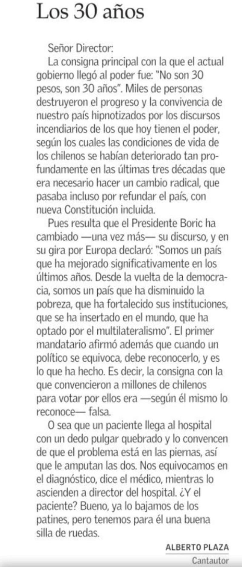 Carta de Alberto Plaza a El Mercurio