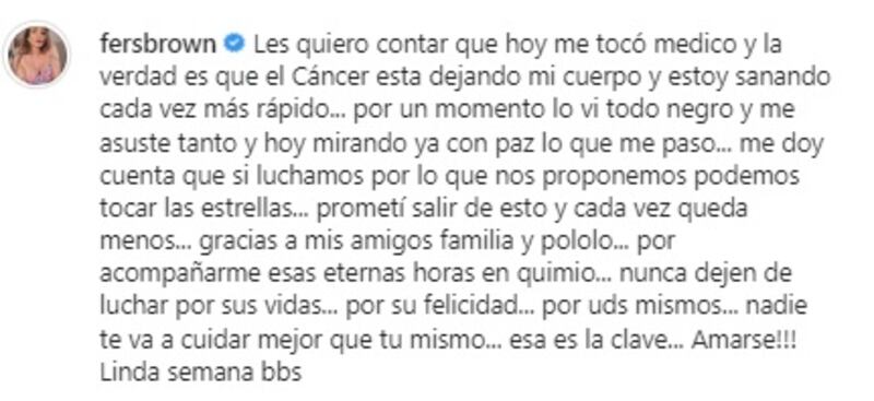 La exparticipante de "The Switch", Fernanda Brown, publicó en su cuenta de Instagram los avances que ha tenido en el tratamiento de su cáncer al estómago.