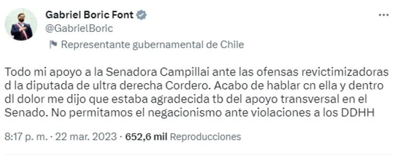 El Presidente le dio todo su respaldo a la senadora Fabiola Campillai.