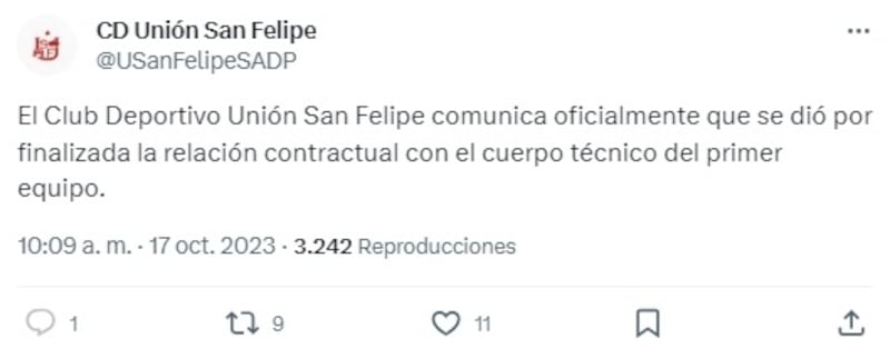 El club aconcagüino confirmó la salida de su entrenador este mediodía en sus redes sociales. En las próximas horas anunciaron que darían el nombre de su reemplazo.