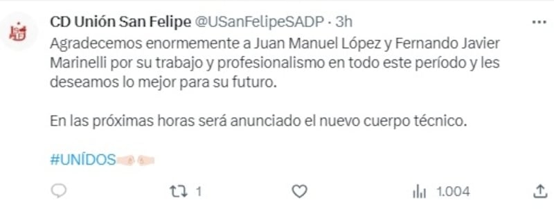 Juan Manuel López dejó de ser el entrenador de Unión San Felipe.