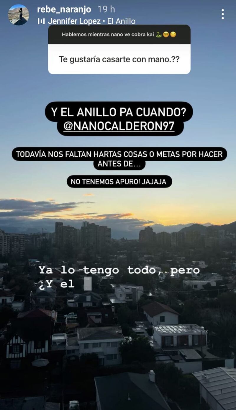 Historia de Rebeca Naranjo sobre Nano Calderón | Fuente: Instagram