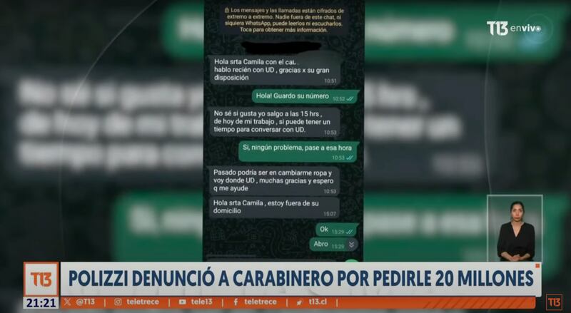 Mensajes de WhatsApp de Carabineros a Camila Polizzi | Captura: T13 de Canal 13