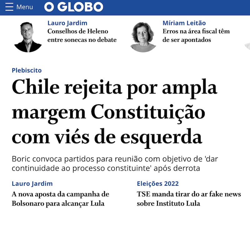 O Globo destaca triunfo del Rechazo