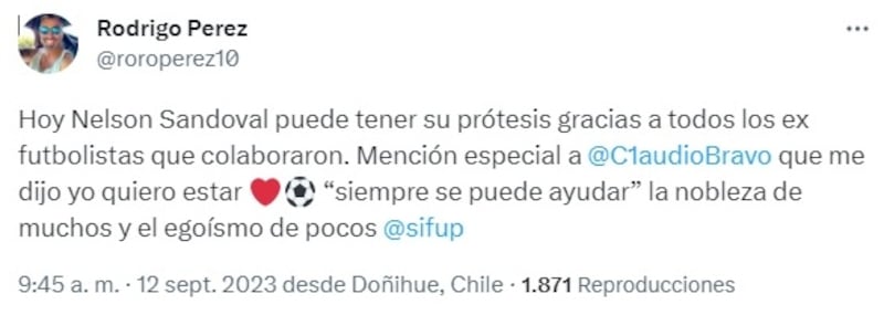 El arquero aportó para la prótesis del exfutbolista de Temuco, Nelson Sandoval.