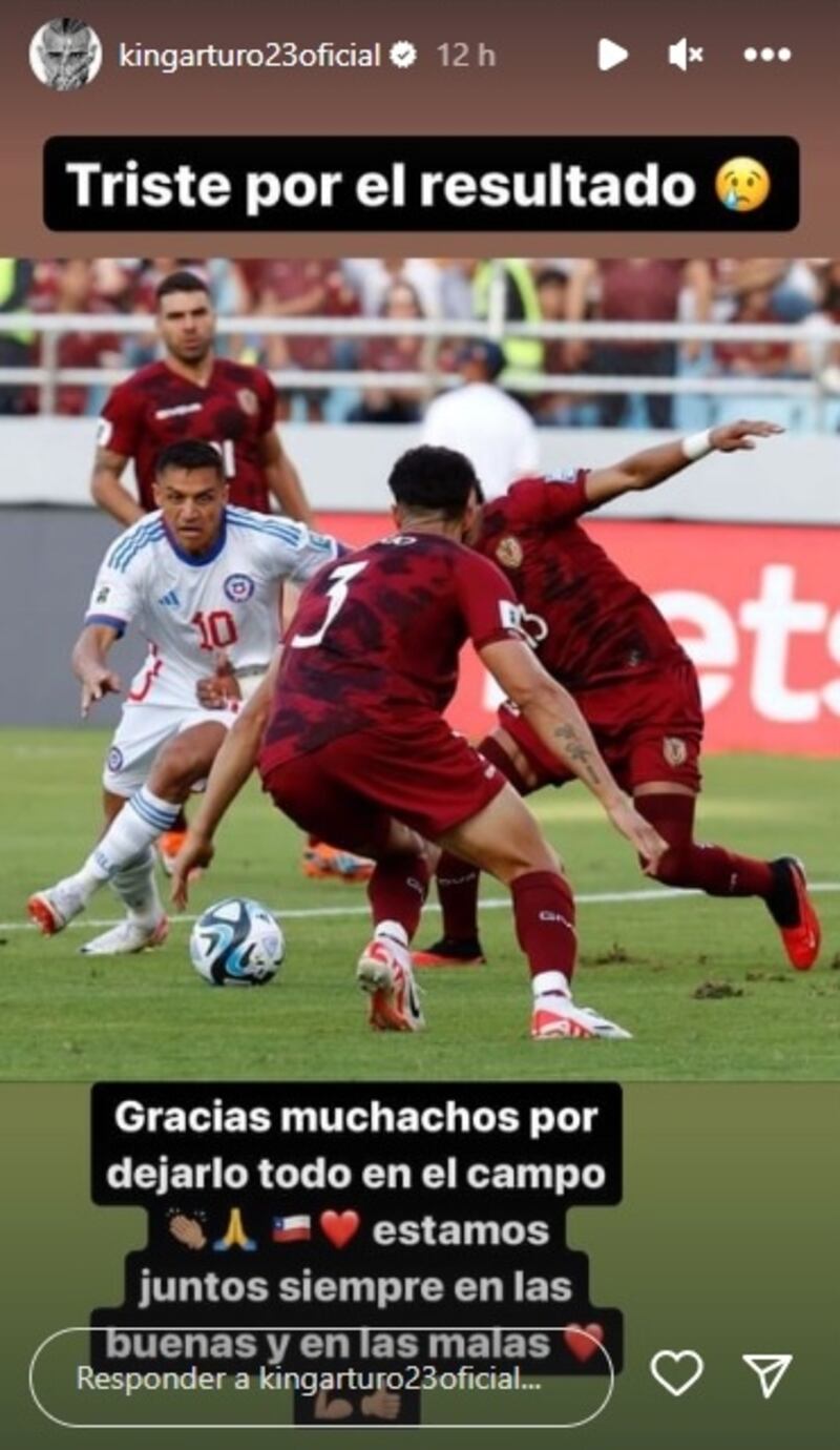 El jugador chileno apoyó en redes sociales a sus compañeros de la Roja luego de sufrir este martes 17 de octubre una histórica goleada ante Venezuela por 3-0.