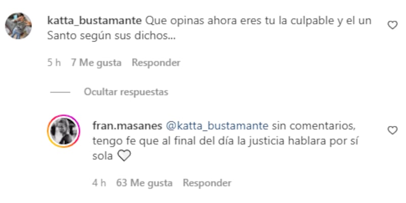 Francisca Masanes respondió a Claudio Castellón luego que el actor negara haber sido violento en su relación familiar.