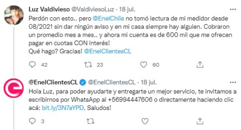 Luz Valdivieso publicó en sus redes sociales su problema de cobro excesivo con Enel.