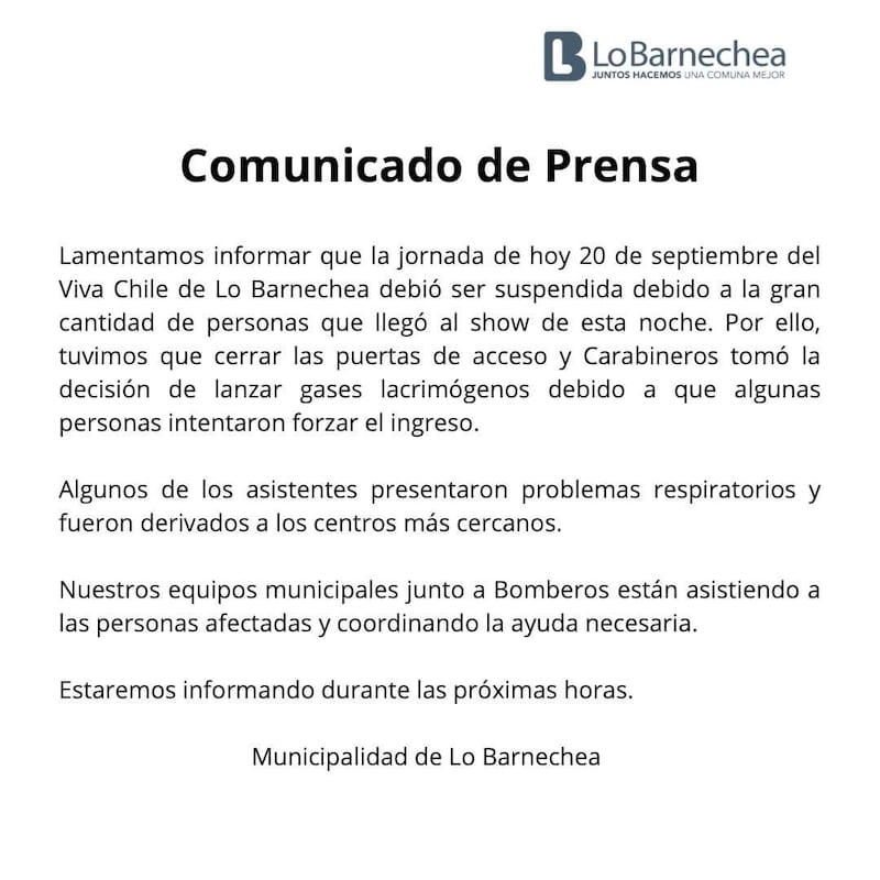 Comunicado de prensa de la municipalidad de Lo Barnechea | Fuente: Instagram