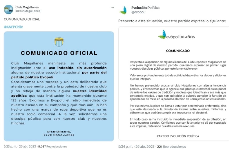 Luego de conocer el reclamo de Magallanes por el uso indebido de su imagen en una campaña de la próxima elección de consejeros constitucionales, Evópoli publicó un comunicado pidiendo disculpas por el error.