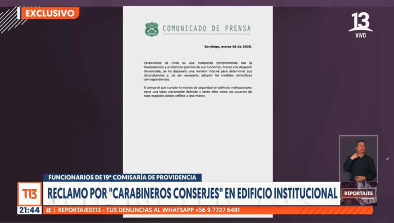 Declaración de Carabineros. Cortesía T13