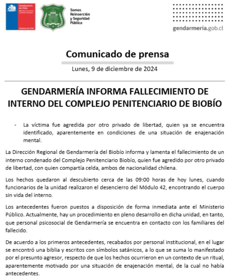 Los primeros antecedentes del fallecimiento del reo dieron cuenta de un ritual satánico al interior del módulo 42 del recinto penitenciario.