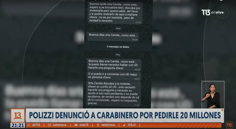 Mensajes de WhatsApp de Carabineros a Camila Polizzi | Captura: T13 de Canal 13