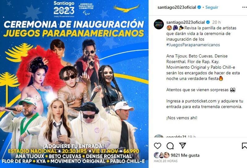 Este fin de semana se conoció la programación de los artistas que estarán en la ceremonia de inauguración de los próximos Juegos Parapanamericanos Santiago 2023.