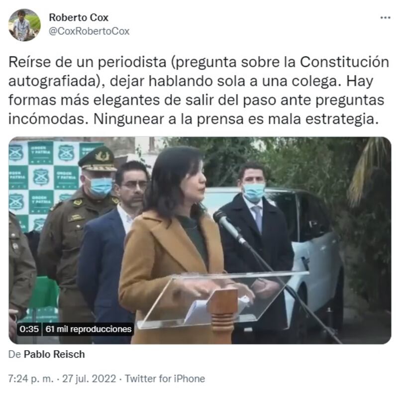 Roberto Cox cuestionó en sus redes sociales a la ministra Izkia Siches por no responder a las preguntas que le hizo este miércoles una periodista en un punto de prensa.