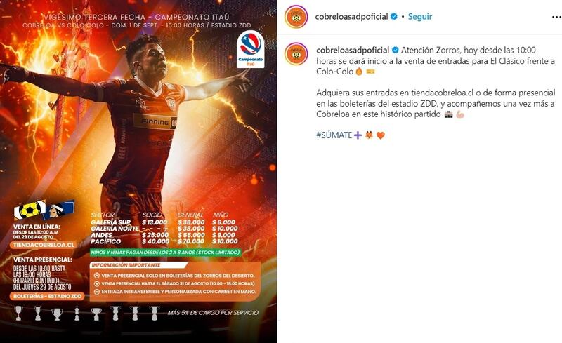 Cobreloa confirmó que el precio de la galería para su partido frente a Colo Colo costará poco menos de 40 mil pesos.