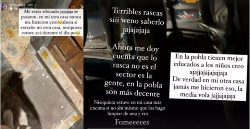 Indignada terminó la influencer Naya Fácil con la jugarreta que realizaron sus vecinos en la puerta de su casa durante la noche de Halloween. Esto, porque no hayaron nada mejor que hacerles travesuras y le dejaron la fachada llena de huevos reventados. 
Así lo mostró la propia afectada en su cuenta de Instagram. 
“Me estás hueveando… jajajaja se pasaron. En mi otra casa nunca me hicieron esto. Ahora sí extraño mi otra casa, ni siquiera estuve acá durante el día”, escribió.
Además, agregó que estas situaciones no ocurrían en su antigua vivienda. 
“Terrible rascas sí, bueno saberlo jajajá. Ahora me doy cuenta de que lo rasca no es el sector, es la gente. En la pobla son más decentes”.
Finalmente, lamentó que la única casa con “travesuras” fue la de ella, por lo tanto sospechó que podría haber sido planeado contra ella. 
“Más encima mi casa nomás tiene huevo. Capaz fue intencional, porque estábamos pensando y analizando con mi hermana, y los niños no creo que hagan eso. ¿O sí? No sé si harán eso”, cuestionó. 
“No quiero ser el Grinch de Halloween. No, sí es broma. Yo entiendo que dicen dulce o truco, pero no pensé que en esta comuna se tomaban el truco tan en serio”, sentenció.