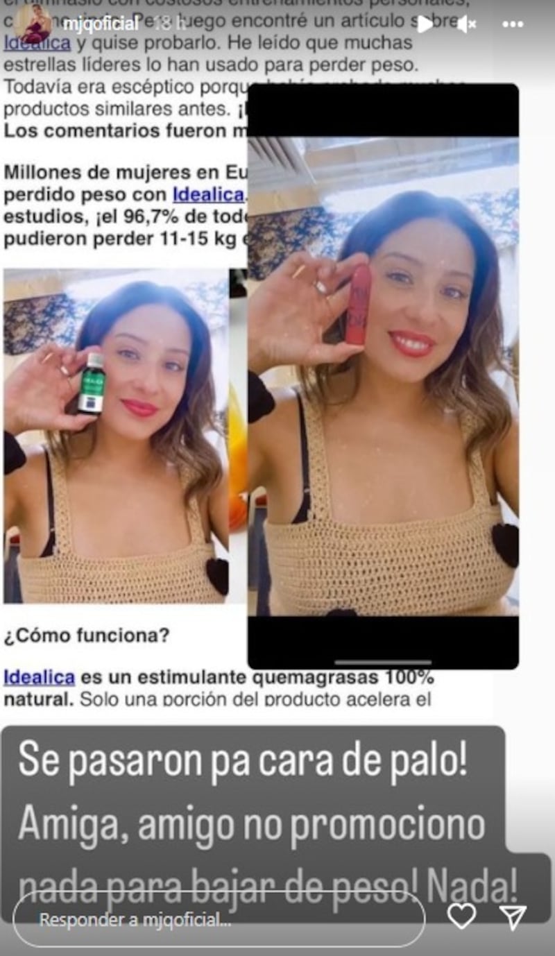 María José Quintanilla publicó en sus historias de Instagram el desmentido a su participación en emprendimiento que vende productos para adelgazar.