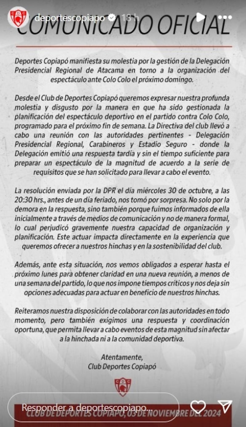 El descendido club nortino reclamó ante los problemas que la autoridad regional les ha puesto para recibir en su estadio al club popular en la última fecha del torneo nacional.