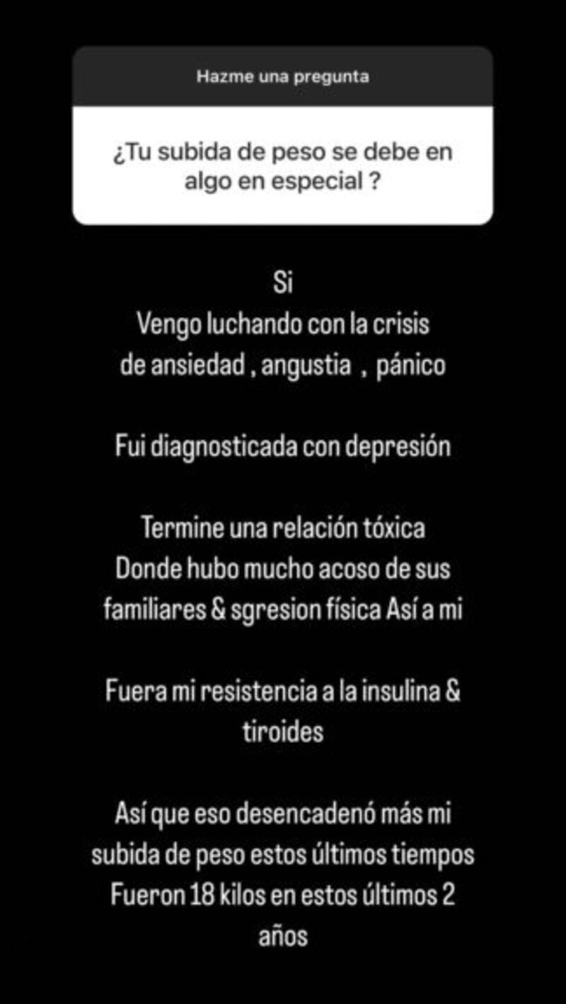 Este martes Michelle Carvalho le respondió a un cibernauta que le consultó por los motivos de su alza de peso.

“¿Tu subida de peso se debe a algo en especial?”, fue la directa consulta que la brasileña no evadió. Es más, detalló los motivos.