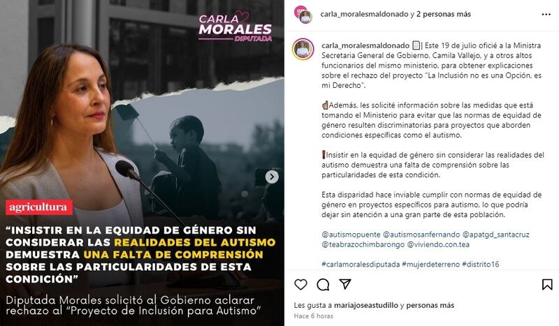 La parlamentaria ofició a la cartera de la ministra Vallejo para explicar porqué rechazaron su proyecto en favor de las personas con condición del espectro autista.