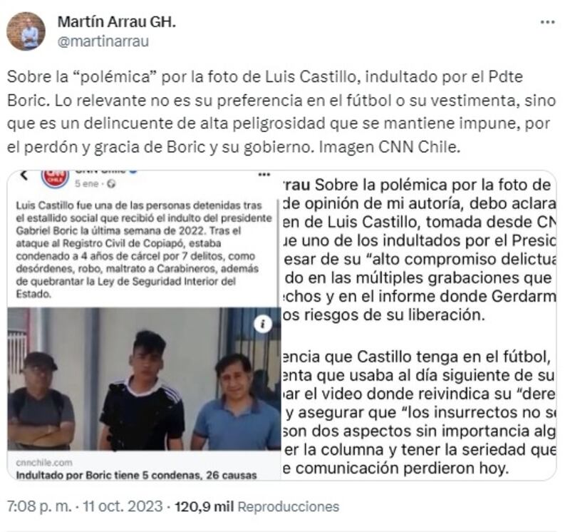 El vicepresidente de Republicanos explicó en sus redes sociales el motivo de la foto de un indultado con la camiseta de Colo Colo en su columna titulada "flaites".