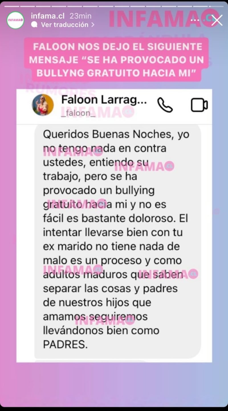 Mensaje de Faloon Larraquibel a Infama | Instagram