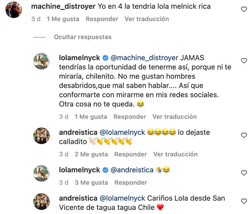 Comentarios Lola Melnyck | Fuente Instagram