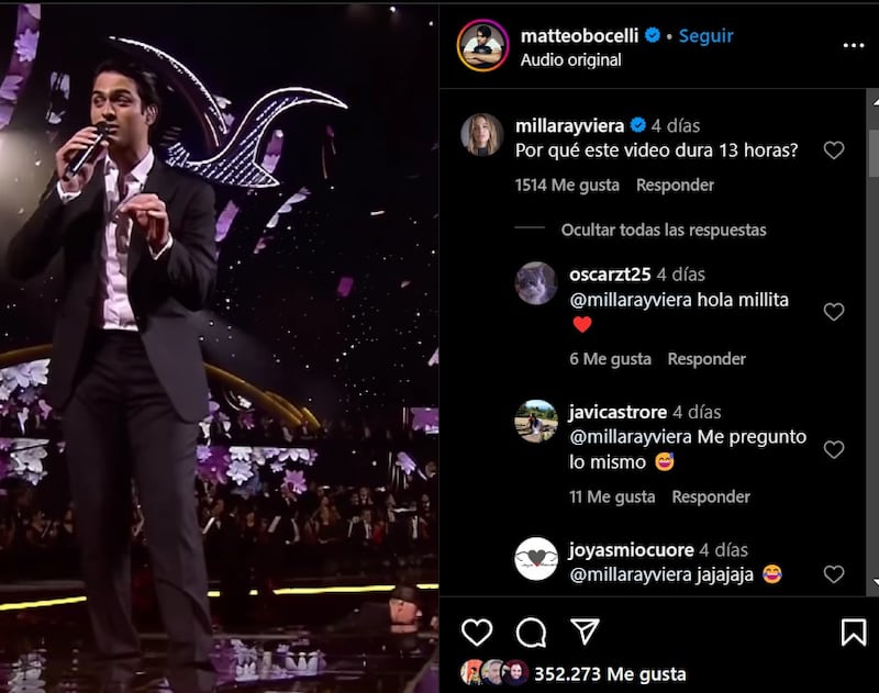 Instagram, comentario de Millaray Viera en cuenta de Matteo Bocelli