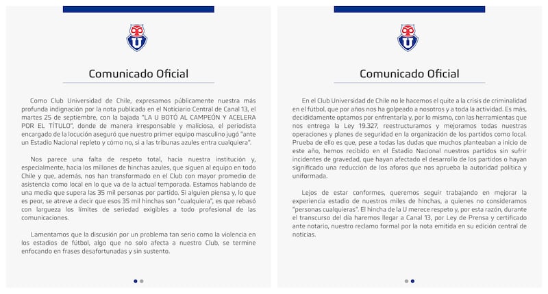 Los directivos de Azul Azul se mostraron indignados con la forma en que Canal 13 presentó los goles del último partido que jugaron los azules ante Huachipato.