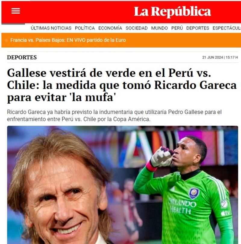 La prensa peruana confirmó que el arquero de su selección, Pedro Gallese, jugará de verde, un color que al técnico de la Roja, Ricardo Gareca, le traería mala suerte.