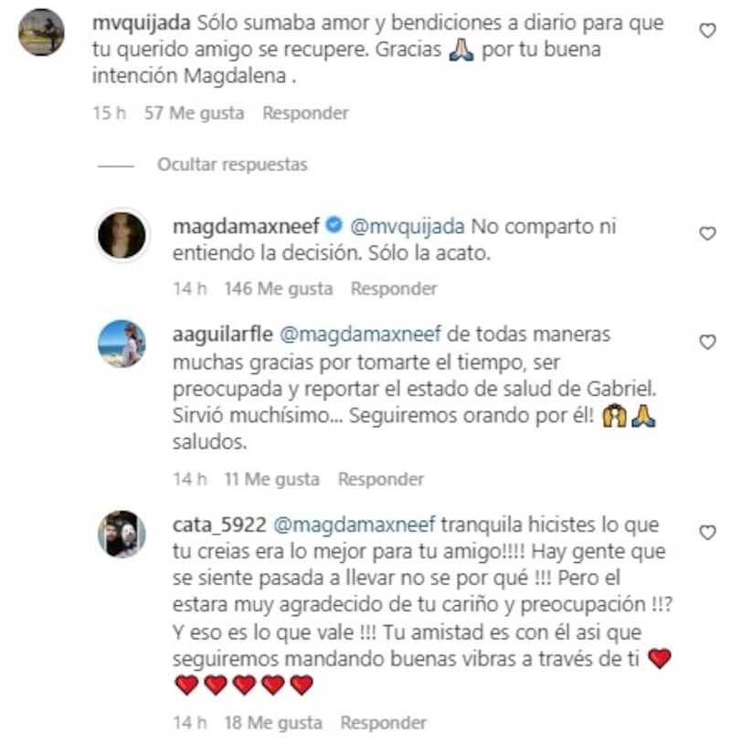 La actriz lamentó la decisión de los familiares de Gabriel Prieto, de no permitirle informar en redes sociales respecto del estado de salud del actor.