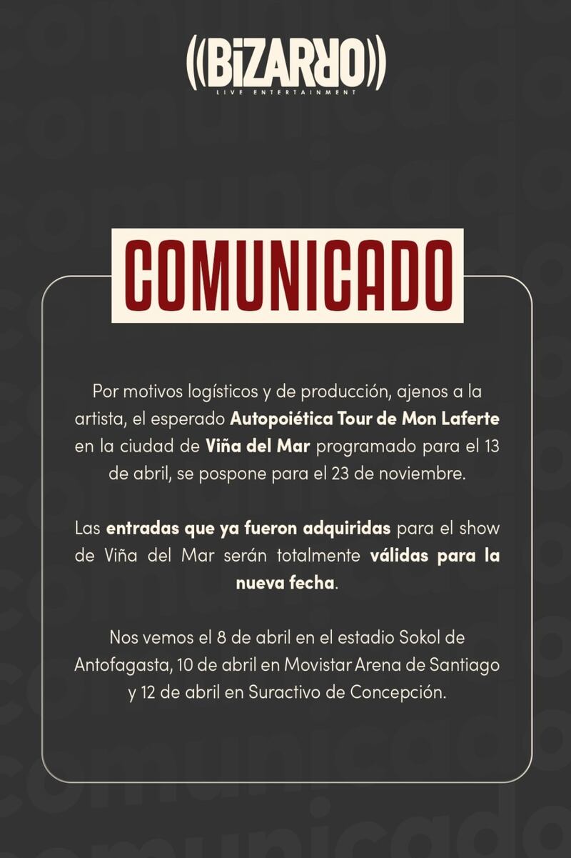 La productora confirmó el cambio de fecha del recital de Mon Laferte en Viña del Mar.